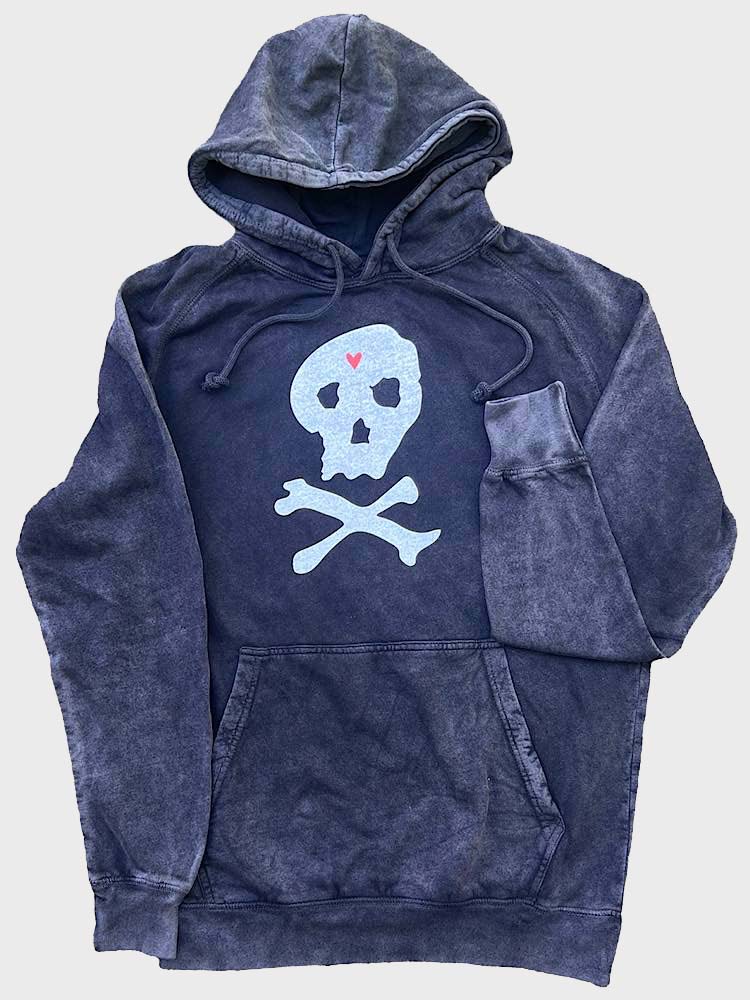 Faded Black Hoodie with Jolly Roger Skull and Bones Graphic