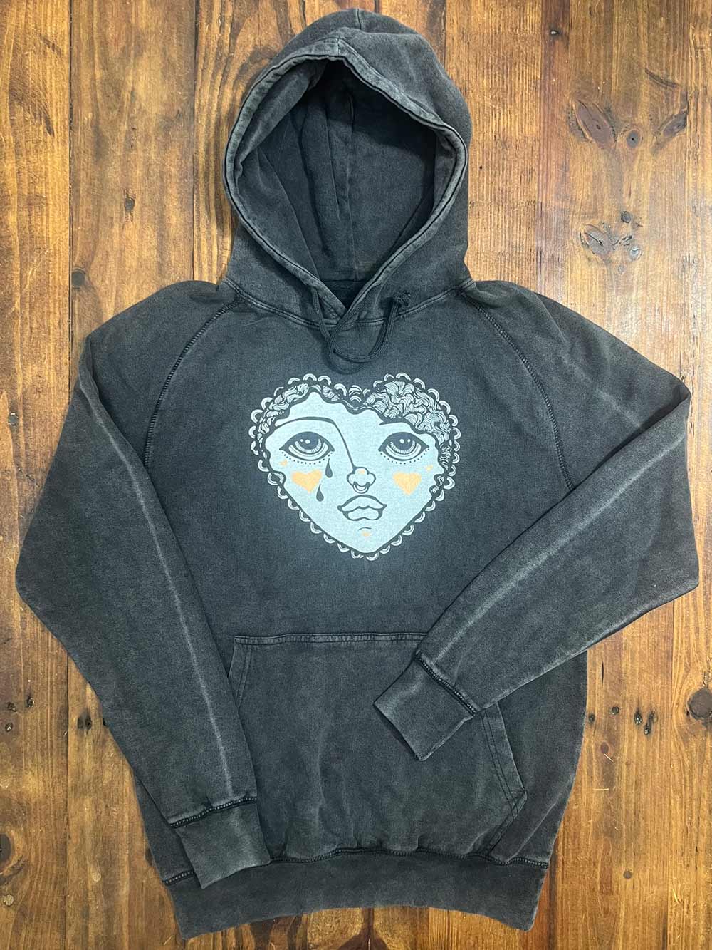 Crying Heart Graphic on Vintage Black Hoodie