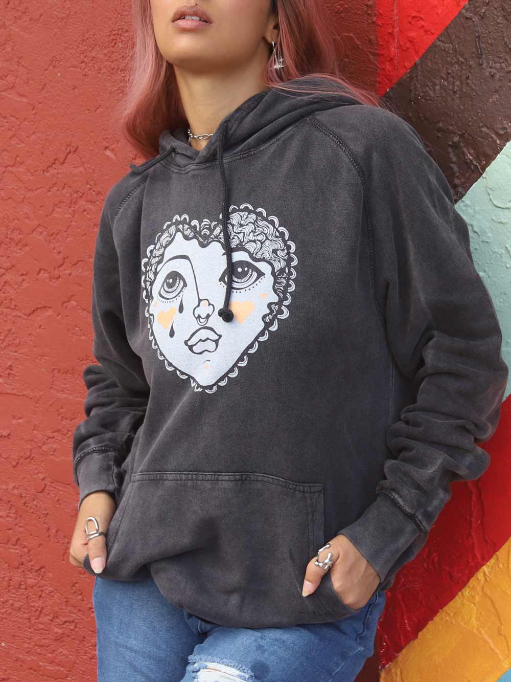 Crying Heart Graphic on Vintage Black Hoodie
