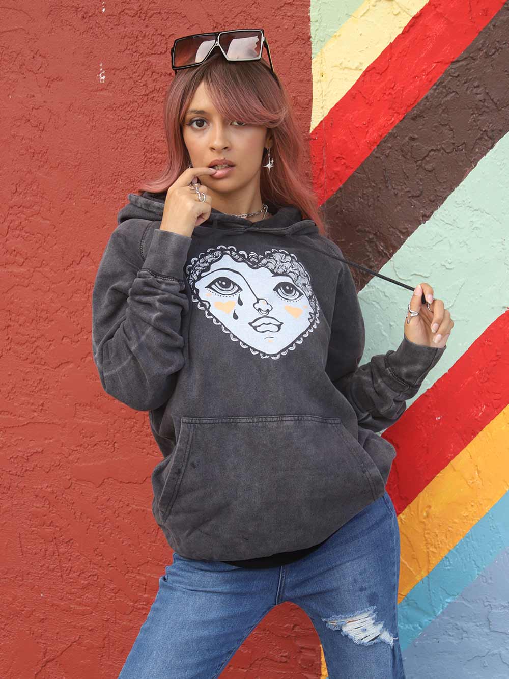 Crying Heart Graphic on Vintage Black Hoodie
