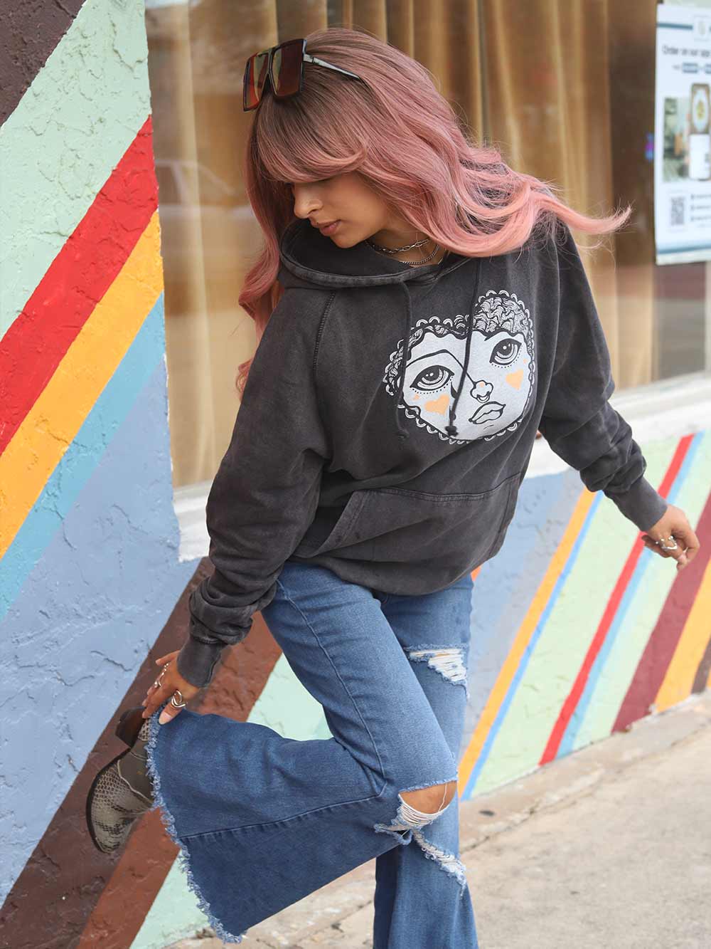 Crying Heart Graphic on Vintage Black Hoodie