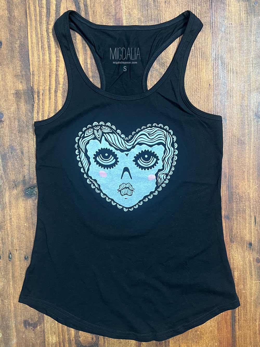 Women’s Black Racerback Tank – Lola Heart Face Graphic