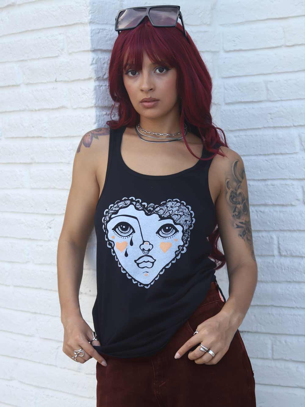 Crying Heart Face Black Tank Top