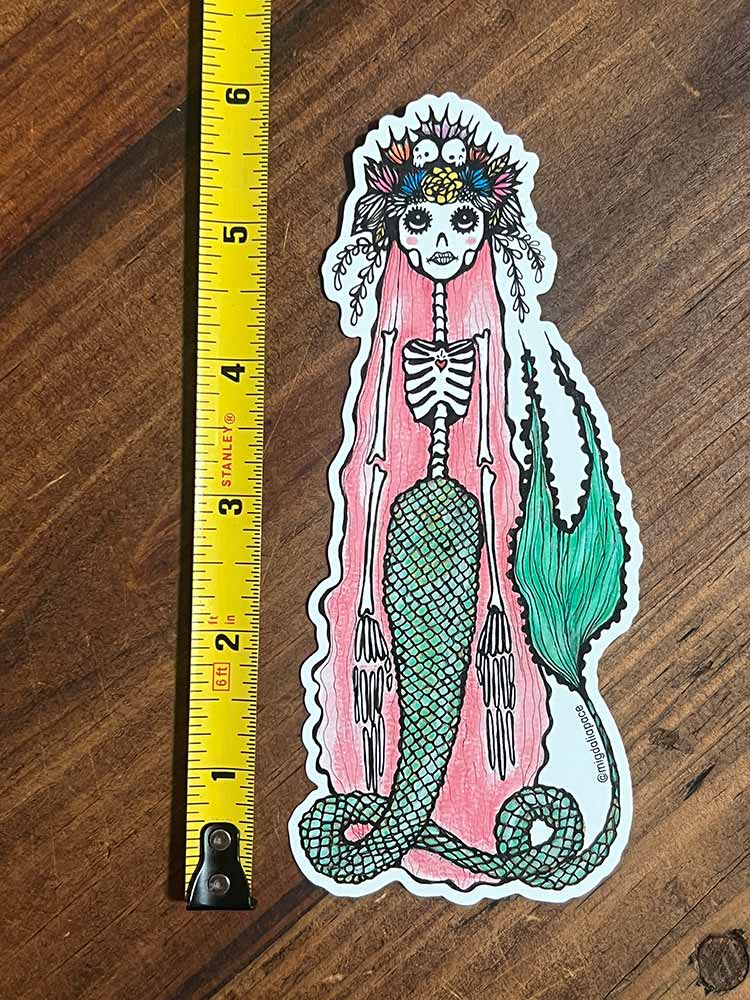Pink Hair Skeleton Mermaid Sticker 6" tall