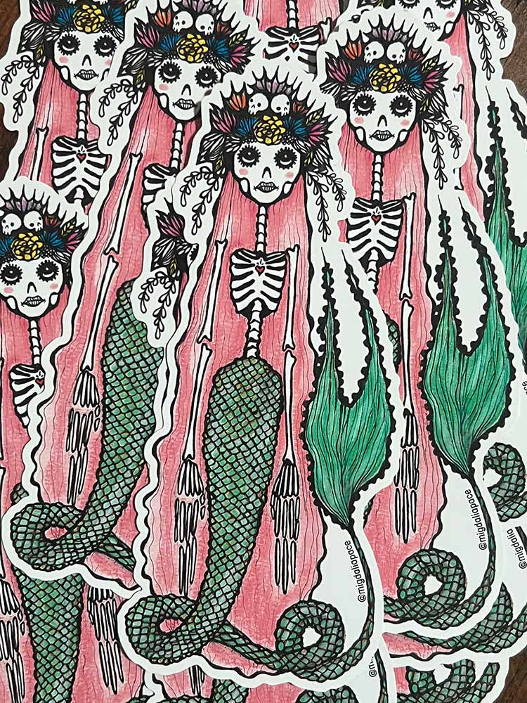 Pink Hair Skeleton Mermaid Stickers
