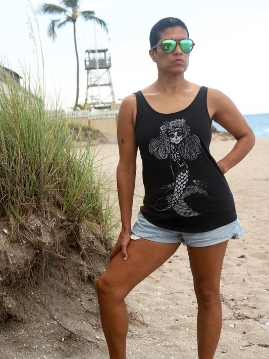 Black Tank top with Skeleton Mermaid at Beach