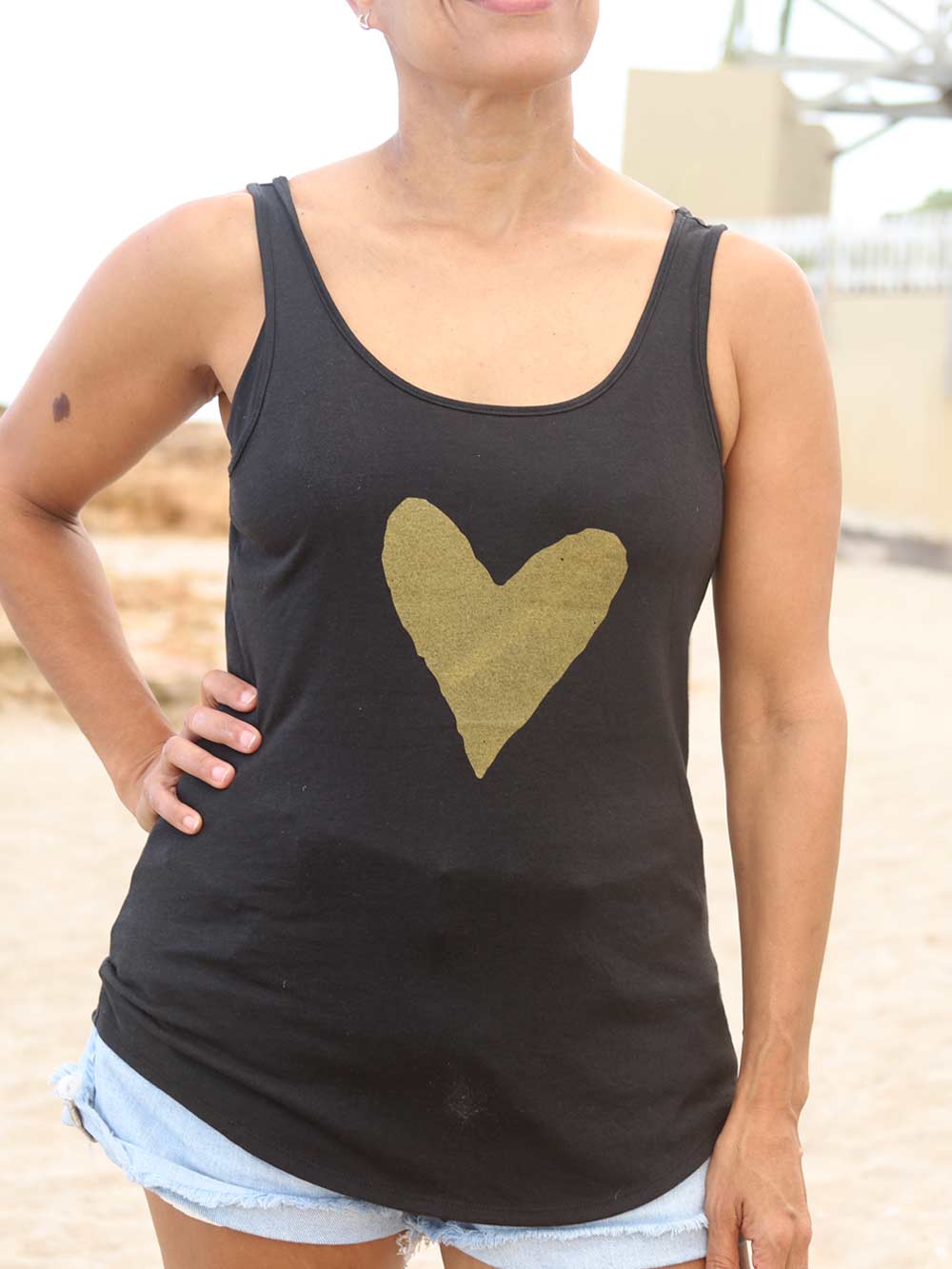 Gold Heart print on black 
Tank Top