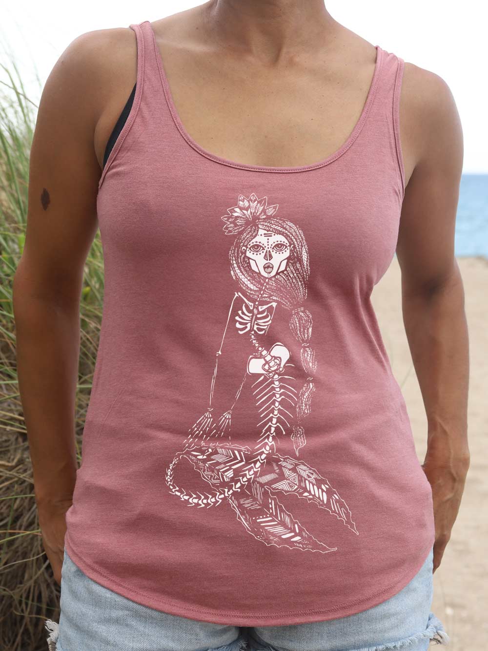 Mauve Tank Top with Skeleton Mermaid Design
