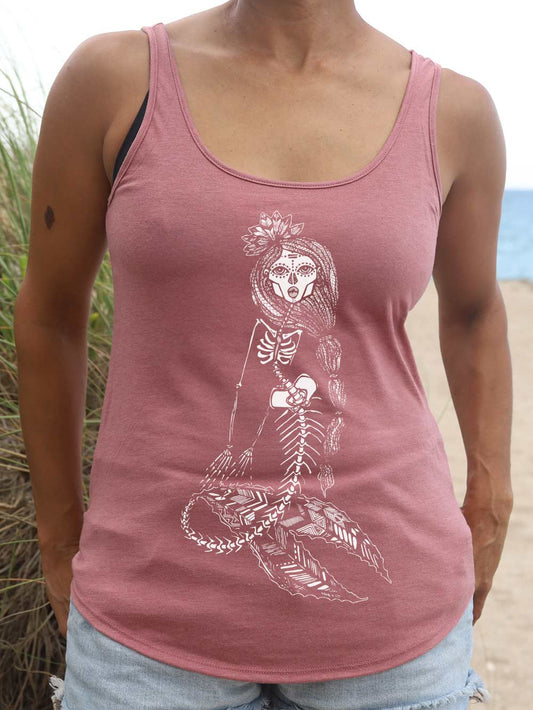 Mauve Tank Top with Skeleton Mermaid Design