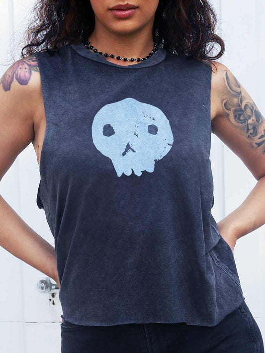 Graphic Crop of Skull on Vintage inspired black raw hem