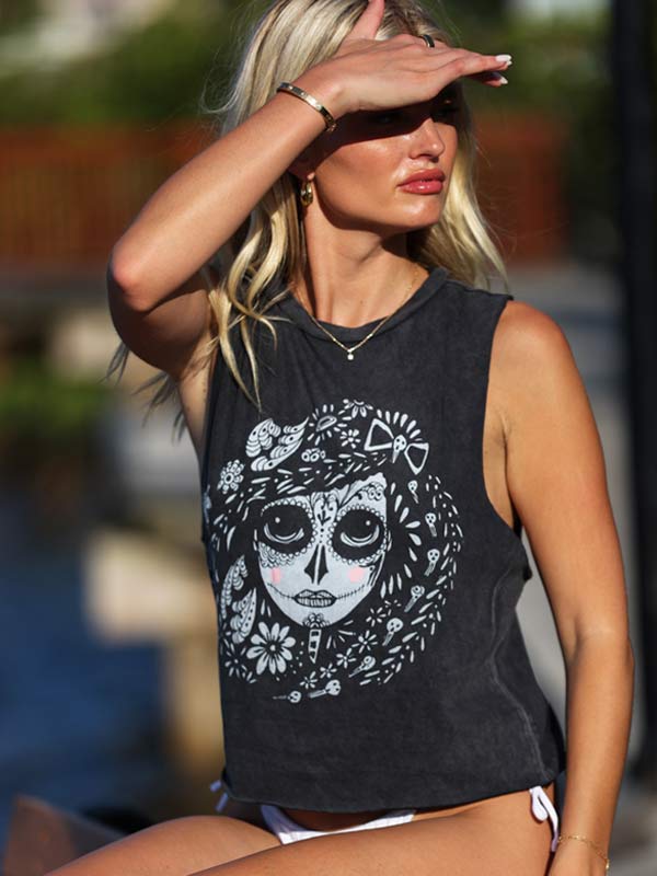 Cute sugar skull Crop Top with swim suit