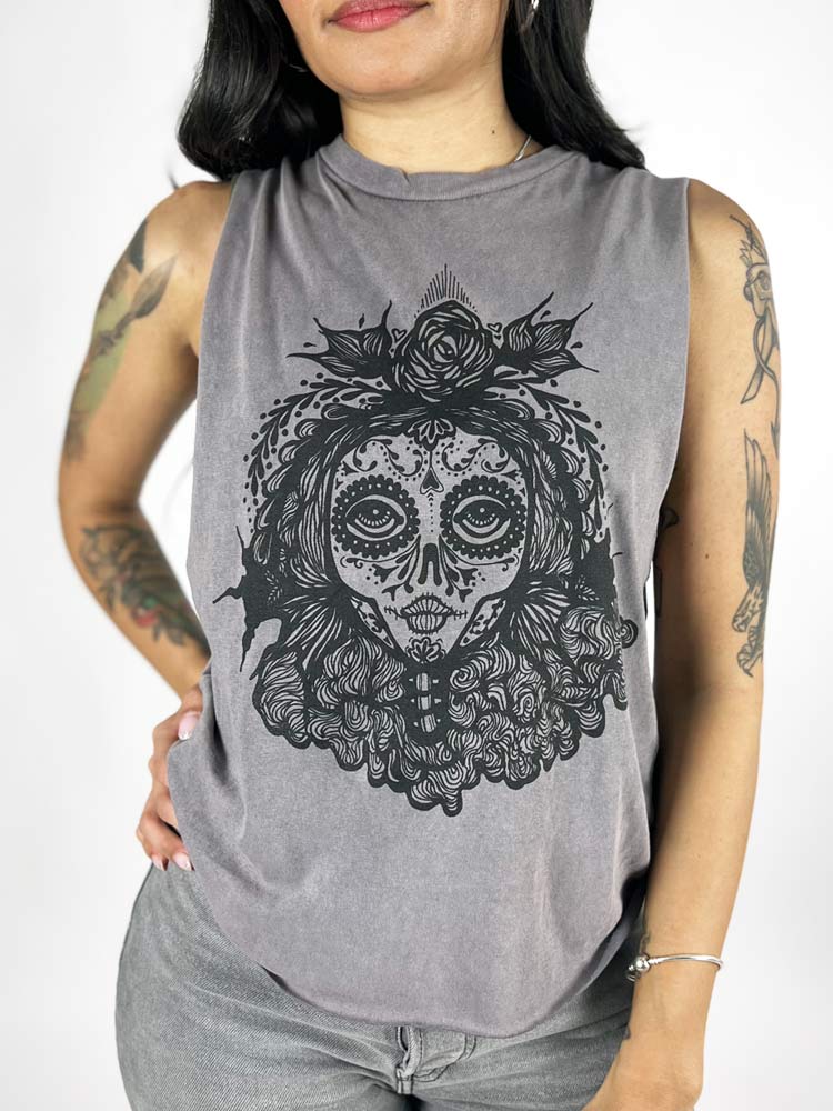 Sugar Skull Graphic Shirt - Gray