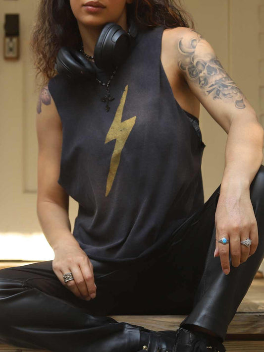 Lightning Bolt Graphic Crop, Vintage Black with Gold Ink