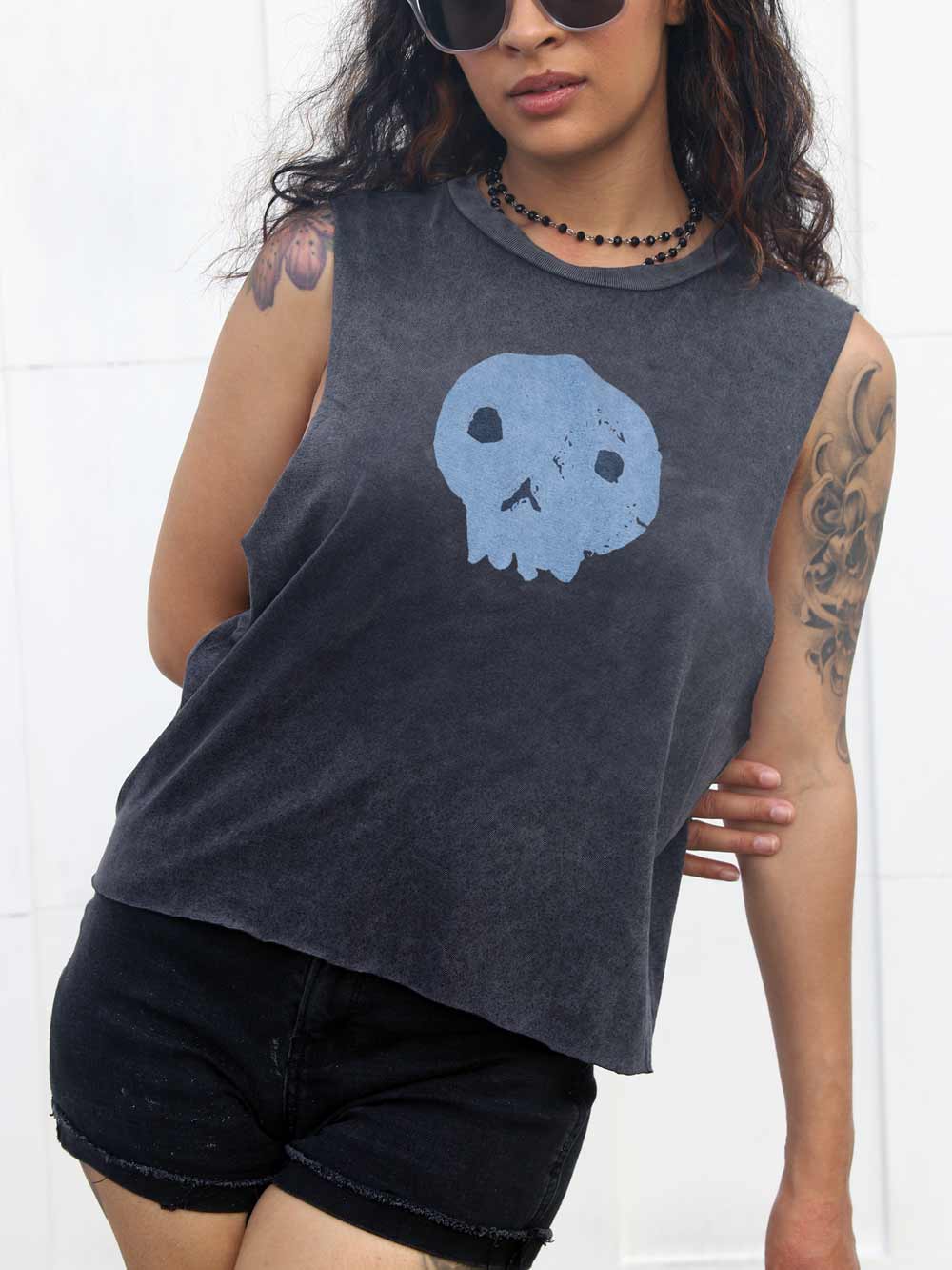 Black Crop with Calavera Skull on Vintage inspired material
