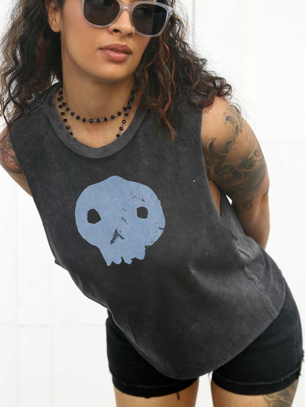 Graphic Crop of Calavera Skull on Vintage inspired black raw hem