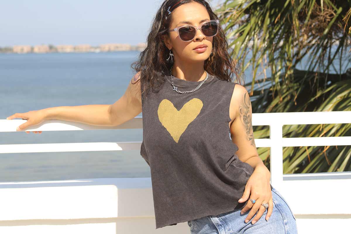 Gold Heart Print on Vintage Black Crop