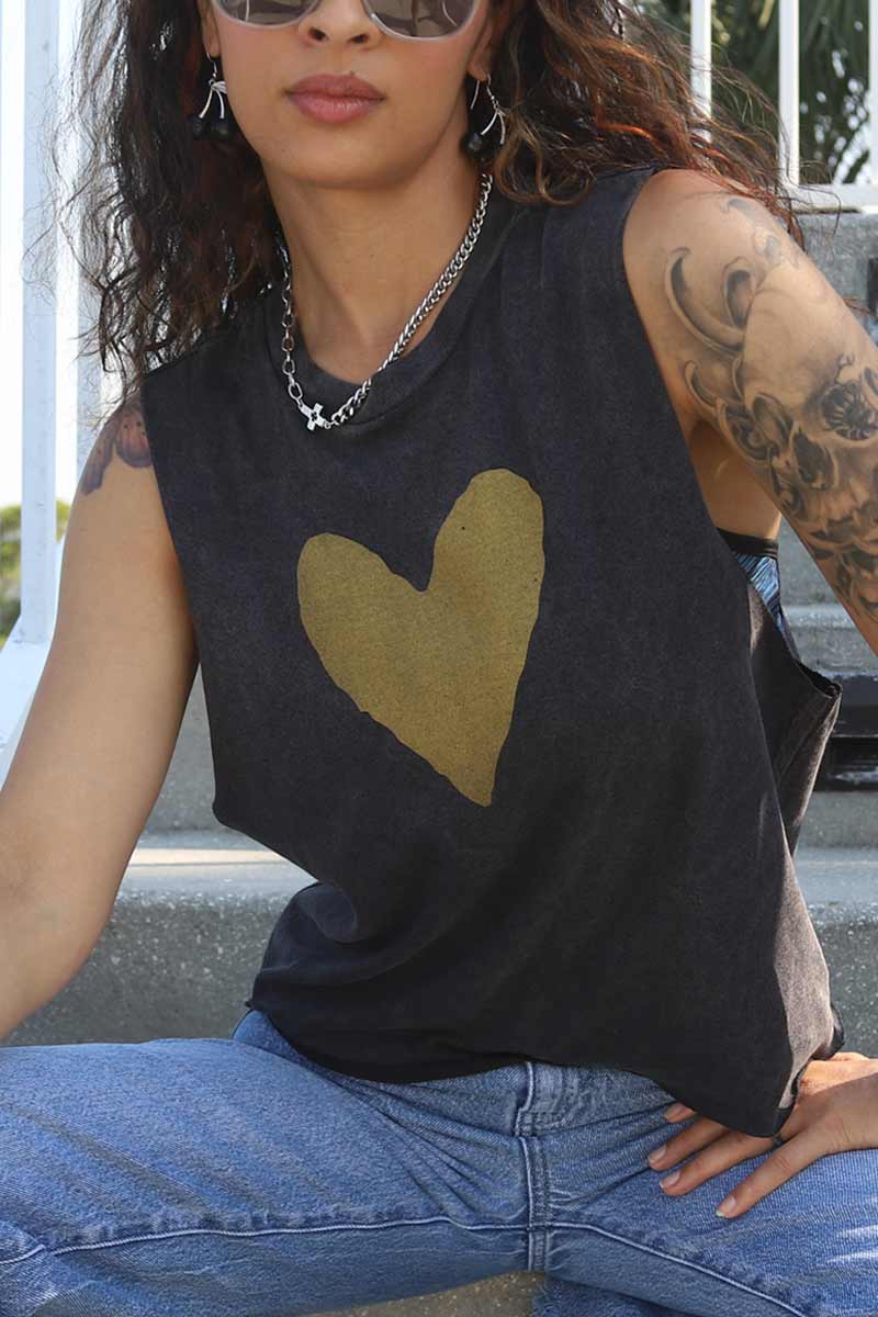 Gold Heart Print on Vintage Black Crop