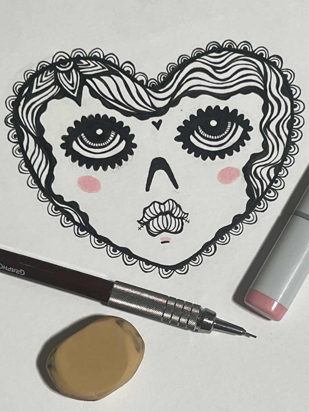 Drawing of Sugar Skull Face in Heart