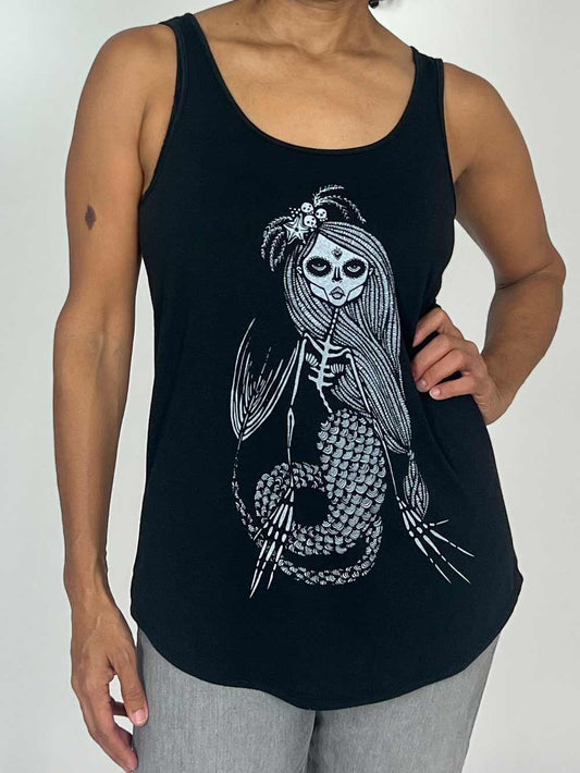 Skeleton Mermaid on black tank top