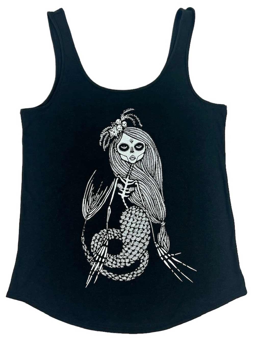 Skeleton Mermaid on black tank top