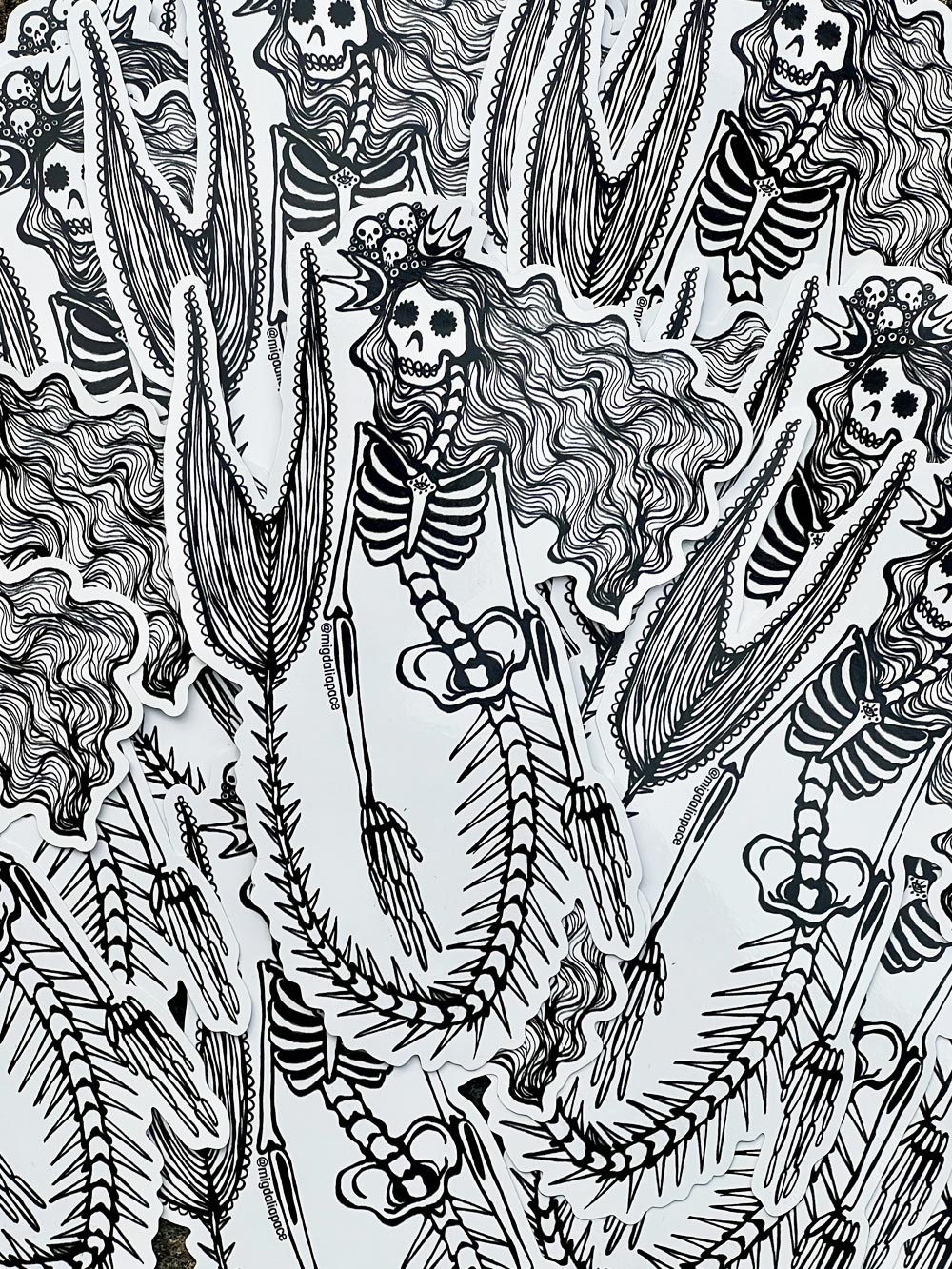 Black and white illustration of a skeleton mermaid stickers with long hair.