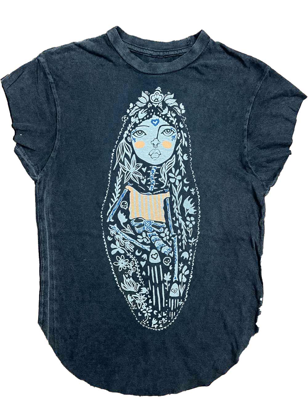 Black t-shirt with a graphic design of Floral Figure.