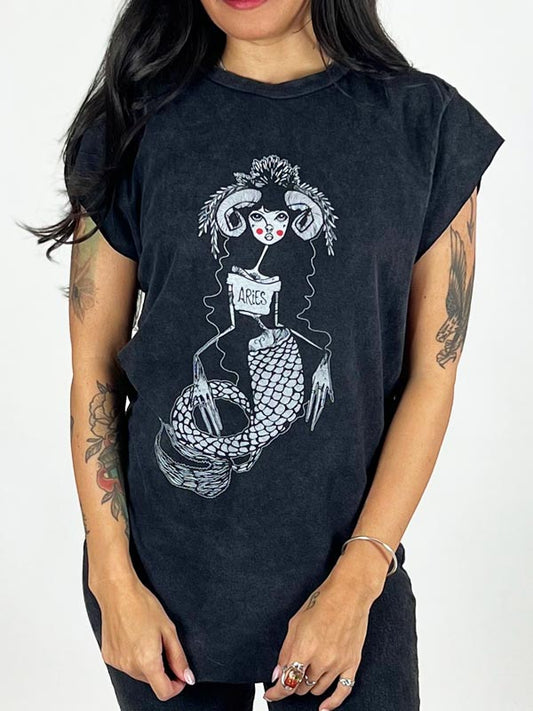 Aries Zodiac Mermaid Graphic Black Tee