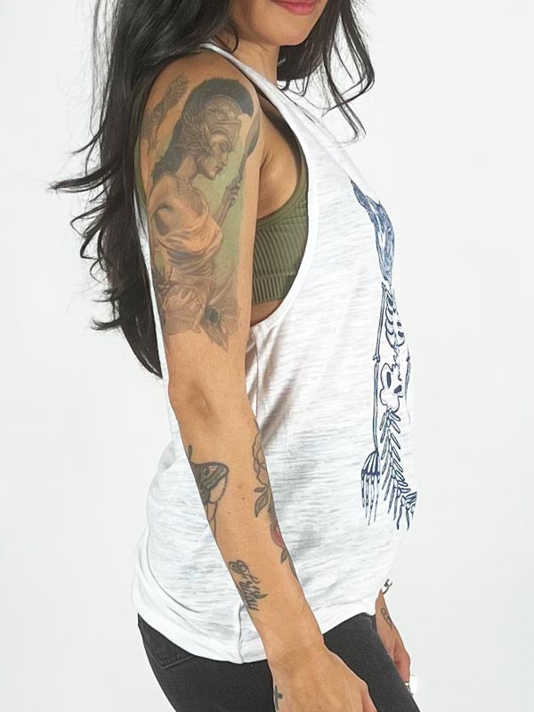side of mode in white tank top