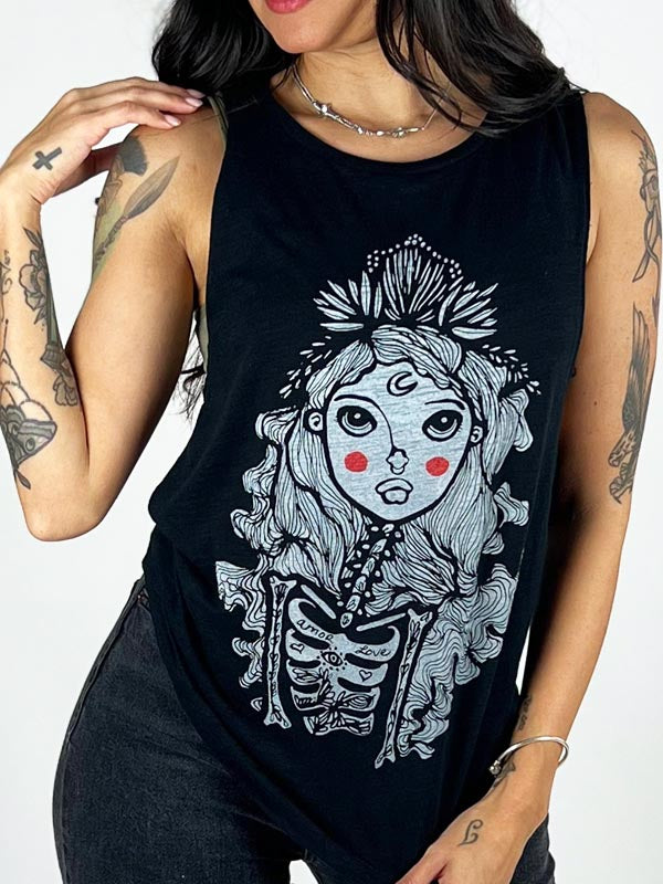 model wearing cute graphic skull black tank top