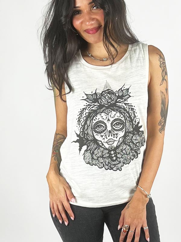 Model wearing a Día de Muertos Graphic Tank