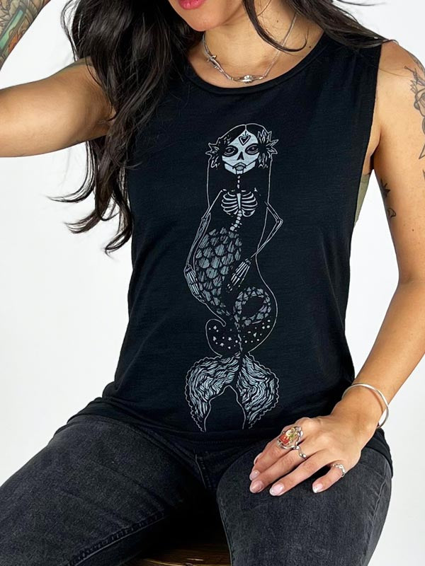 Dead Mermaid Graphic on black tank top