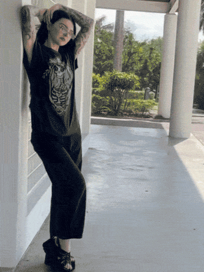 Model wearing the shirt, showing movement.