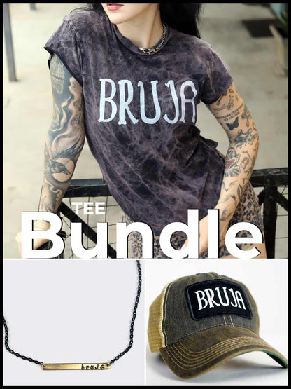 Bundle of 'BRUJA' t-shirt, cap, and necklace with text 'Tee Bundle' on a white background.