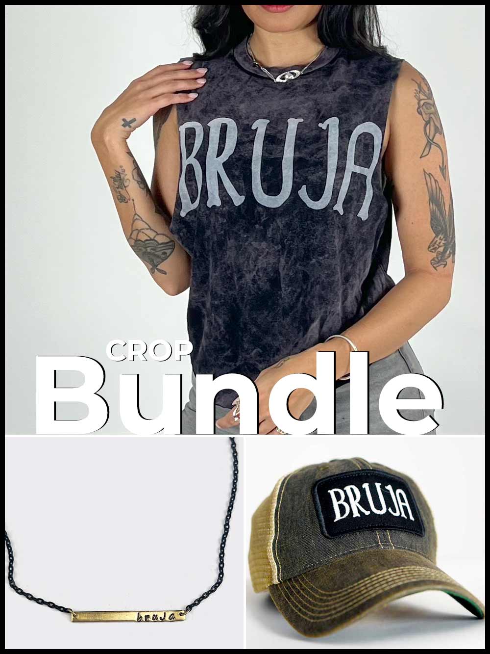 Woman wearing a sleeveless shirt with 'BRUJA' text, necklace, and cap with 'BRUJA' patch on a white background.