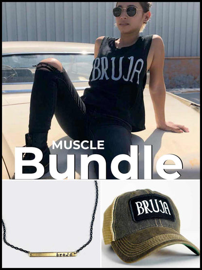 Woman wearing a 'BRUJA' tank top with accessories including a necklace, hat, and necklace.