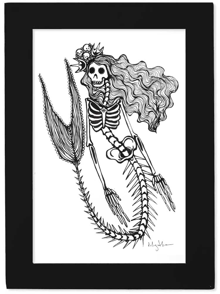 Black and white illustration of a skeleton mermaid with a crown on a white background in a Black Frame.