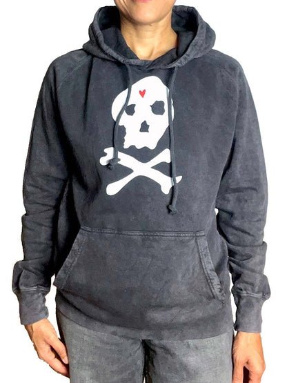 Faded Black Hoodie with Skull + Crossbones Print