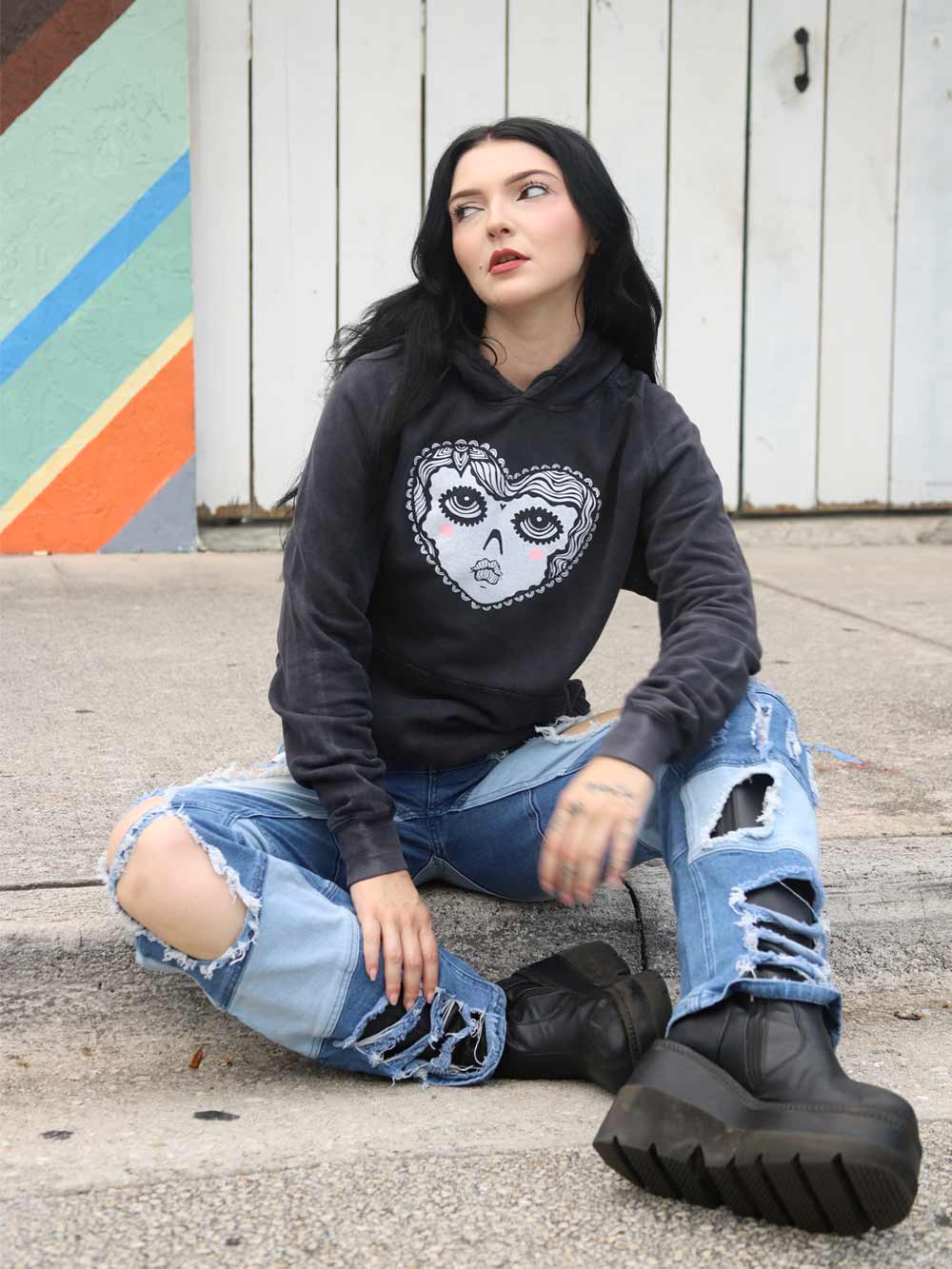 Sugar Skull Heart Face Hoodie and torn jeans
