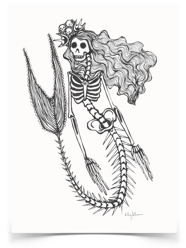 Black and white illustration of a skeleton mermaid with a crown on a white background