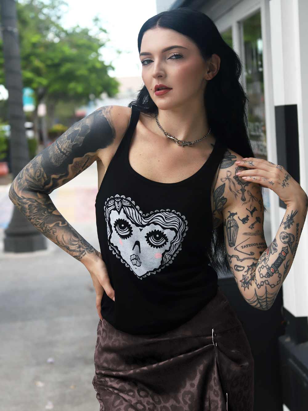 Black Racerback Tank with Heart Face Graphic Print