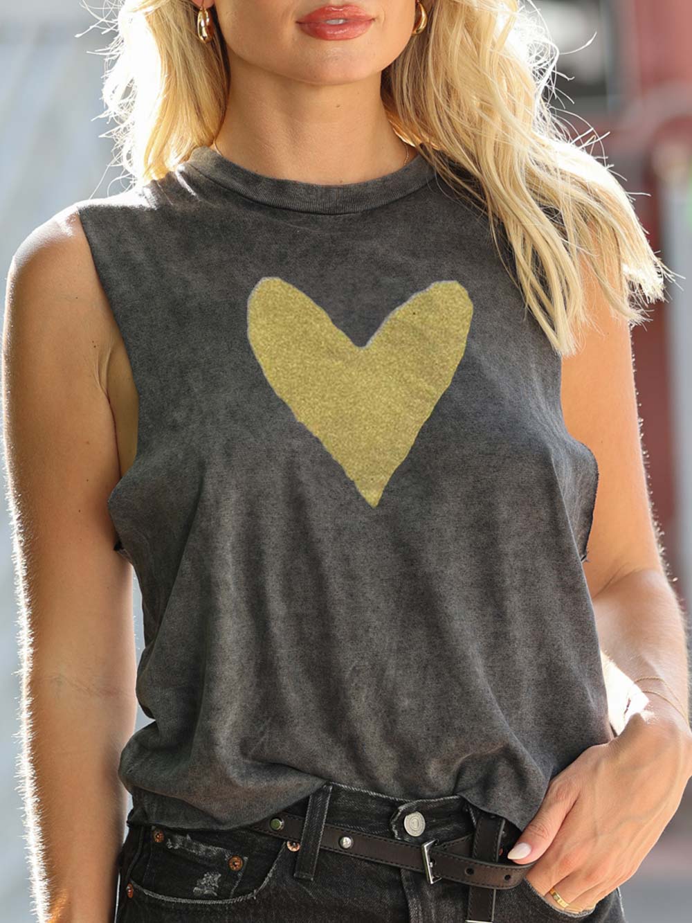 Metallic Gold Heart Print on Vintage Black Crop