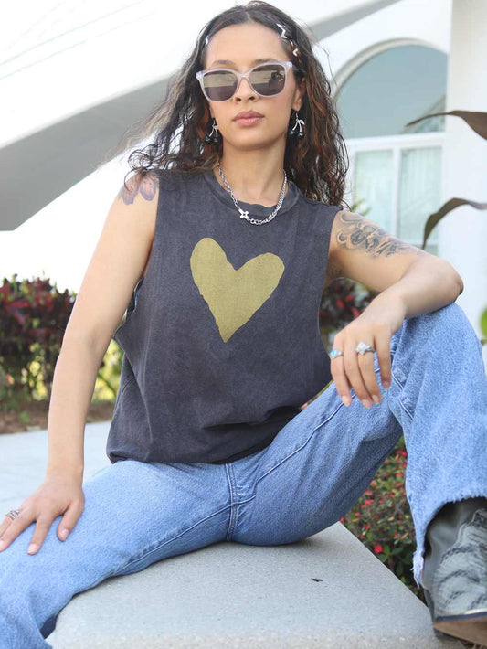 Gold Heart Print on Vintage Black Crop