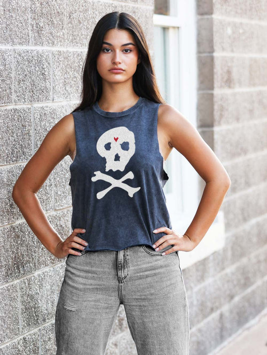 Skull and Crossbone with a red heart.  Vintage Black Muscle Crop