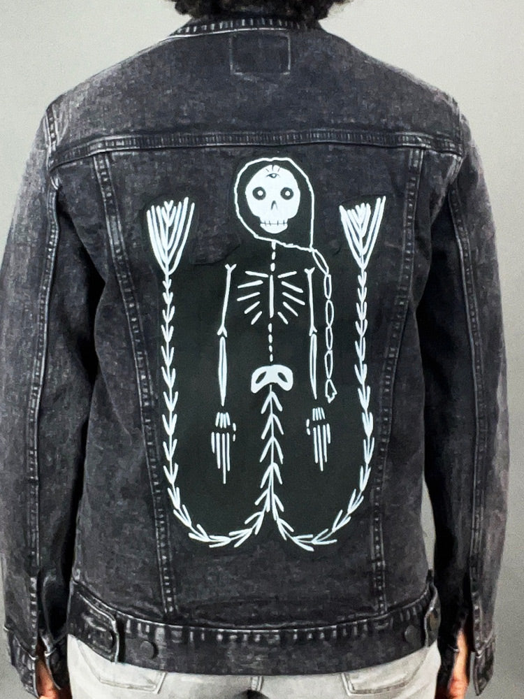 Black Denim Jacket with Skeleton Mermaid Patches