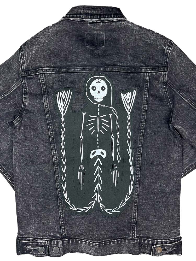 Black Denim Jacket with Skeleton Mermaid Patch