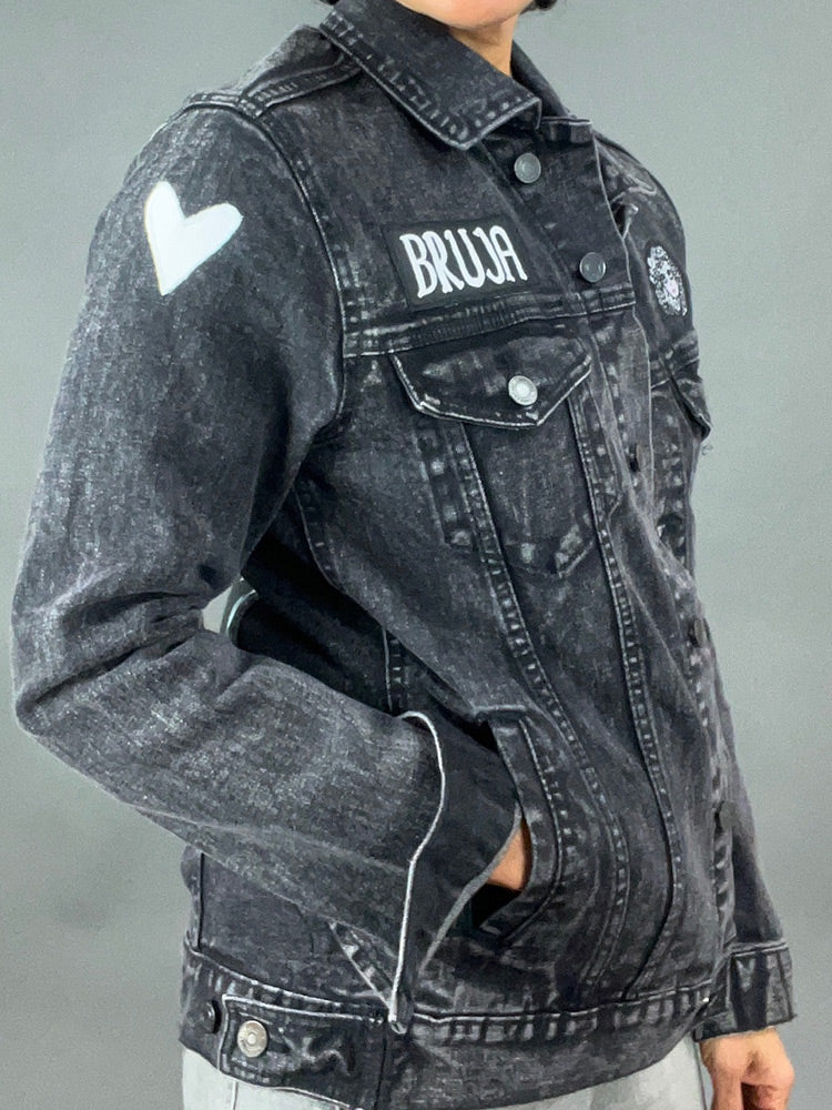 Black Denim Jacket with Bruja + Heart Patches