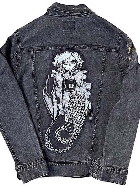 Black Denim jacket with Skeleton Mermaid Patch