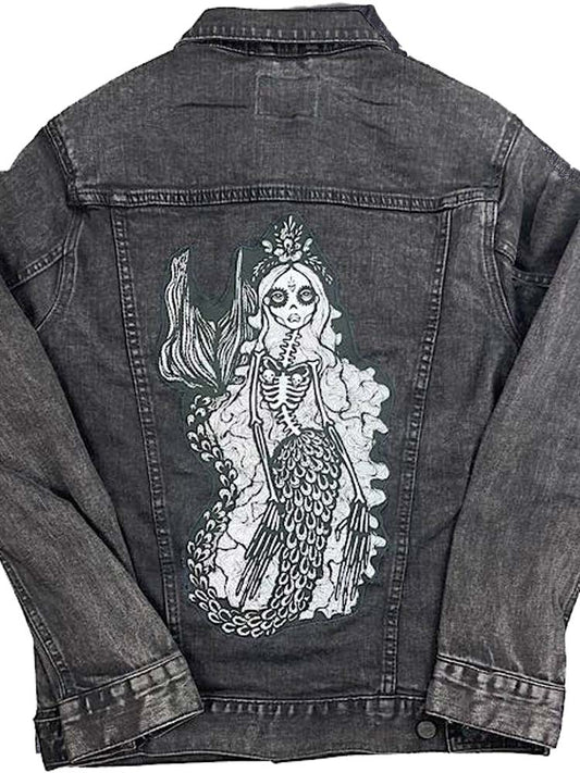 Black Denim jacket with Skeleton Mermaid Patch