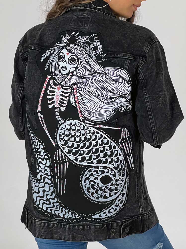 Skeleton Mermaid Patch on Black Denim Jacket