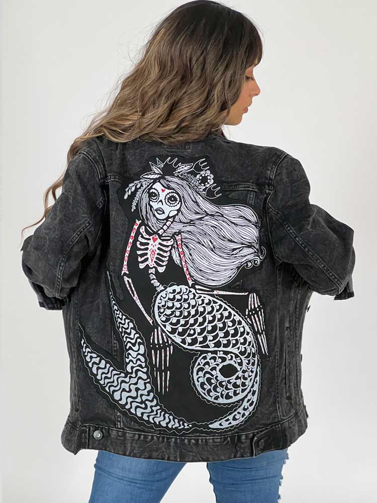 Skeleton Mermaid Patch on Black Denim Jacket